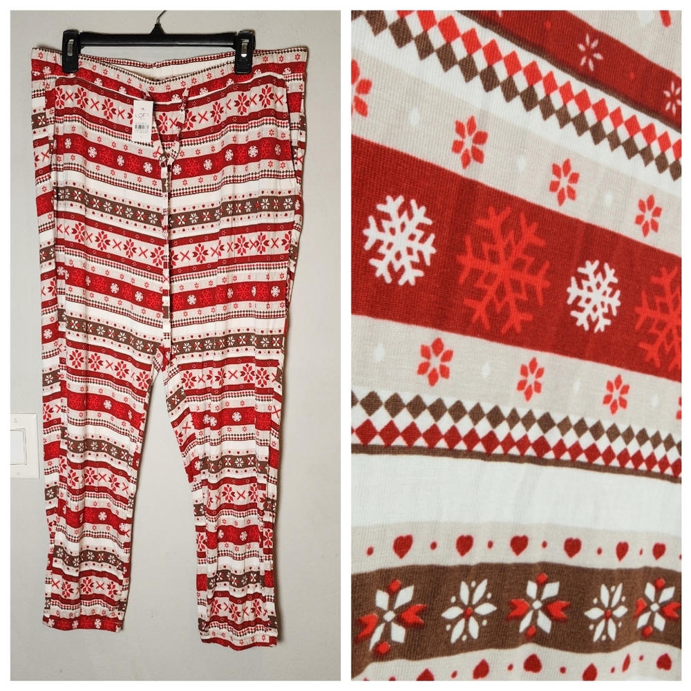 NWT Loft Pajama Pants Red Brown Snowflake Soft Stretchy Jersey Size Large